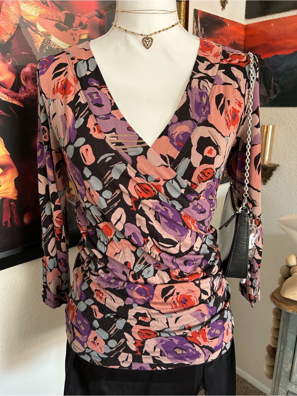 Vintage Y2K Ralph Lauren Top Size M Going Out Fairy Date Floral Faux Wrap Ruche